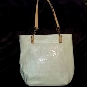 Michael Kors Patent Leather Signature Logo Tote (White) w/Gold Hardware.